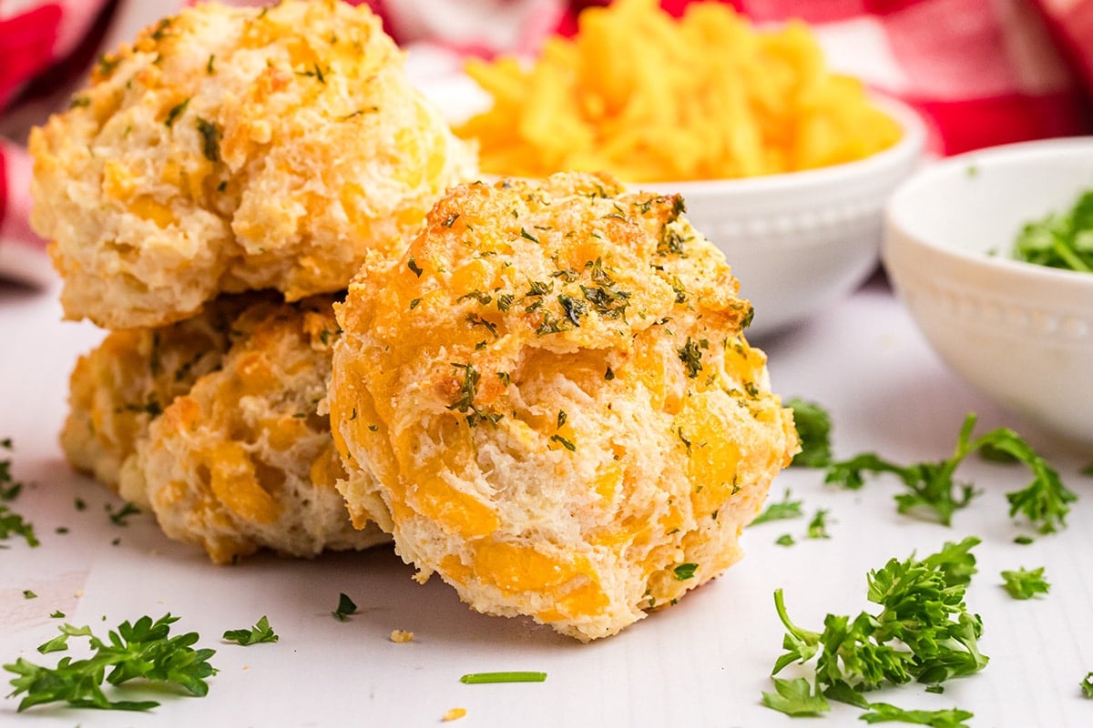straight on shot of three cheddar bay biscuits