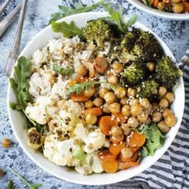 overhead shot of veggie rice bowl