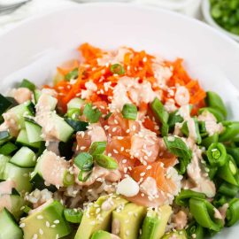 close up angled shot of smoked salmon rice bowl