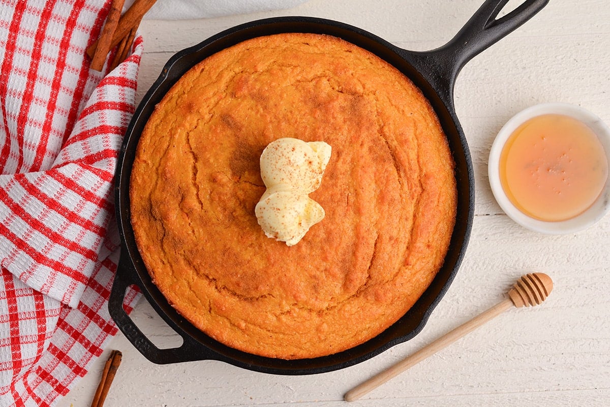 overhead shot of skillet of sweet potato cornbread