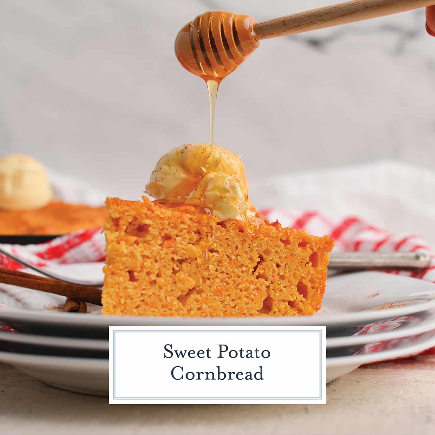 honey drizzled on slice of sweet potato cornbread with text overlay for facebook