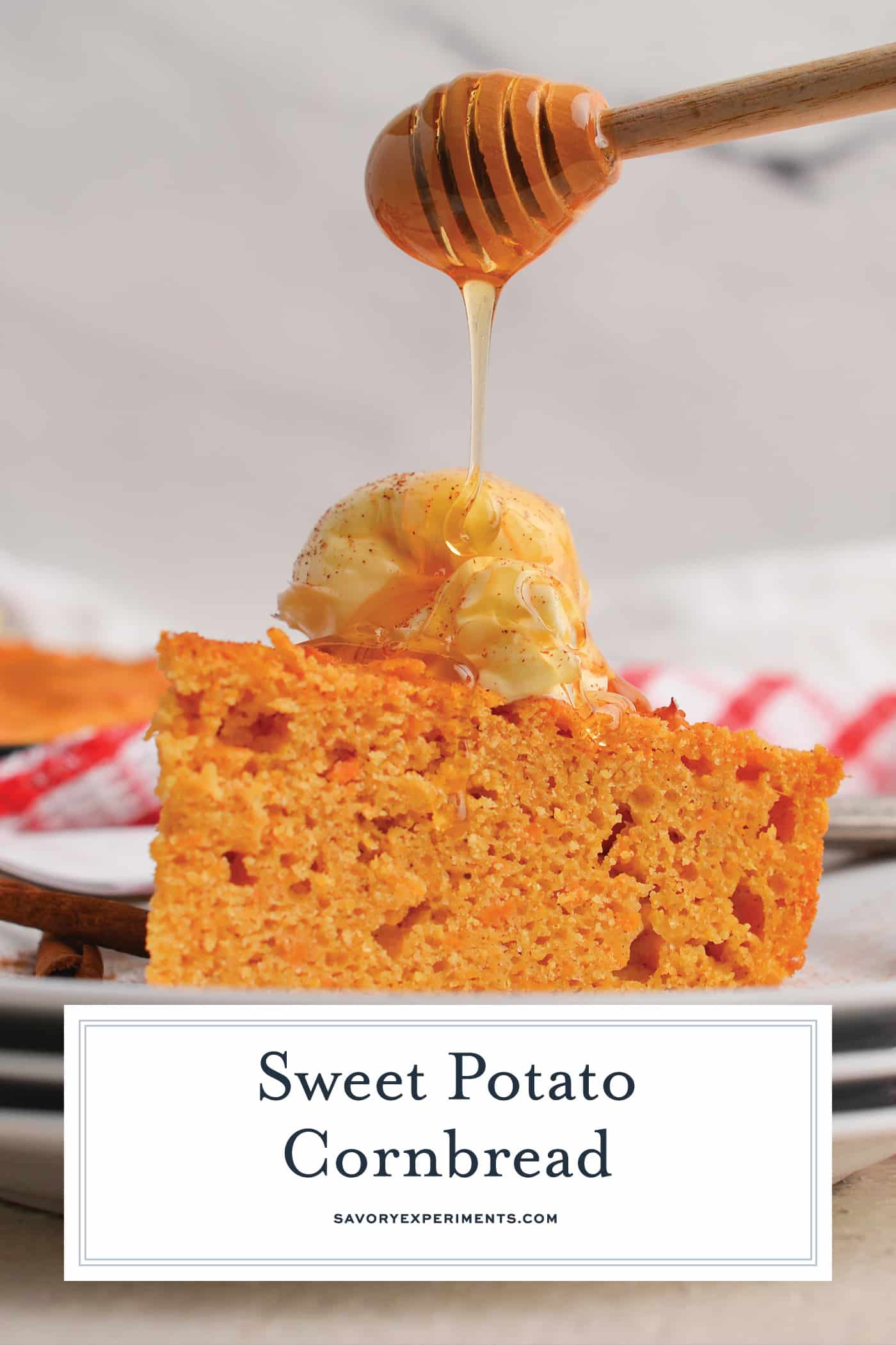 honey drizzled on slice of sweet potato cornbread with text overlay for pinterest