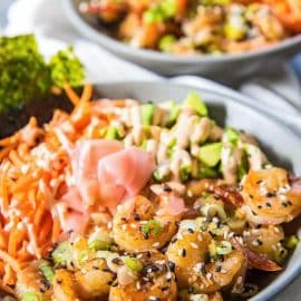 angled shot of teriyaki shrimp bowl