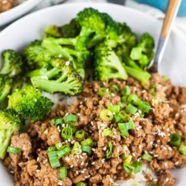 close up angled shot of turkey teriyaki rice bowls