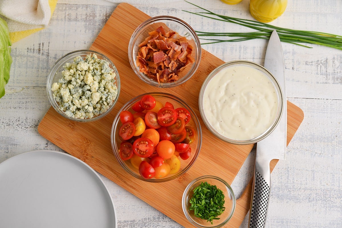 overhead shot of wedge salad toppings