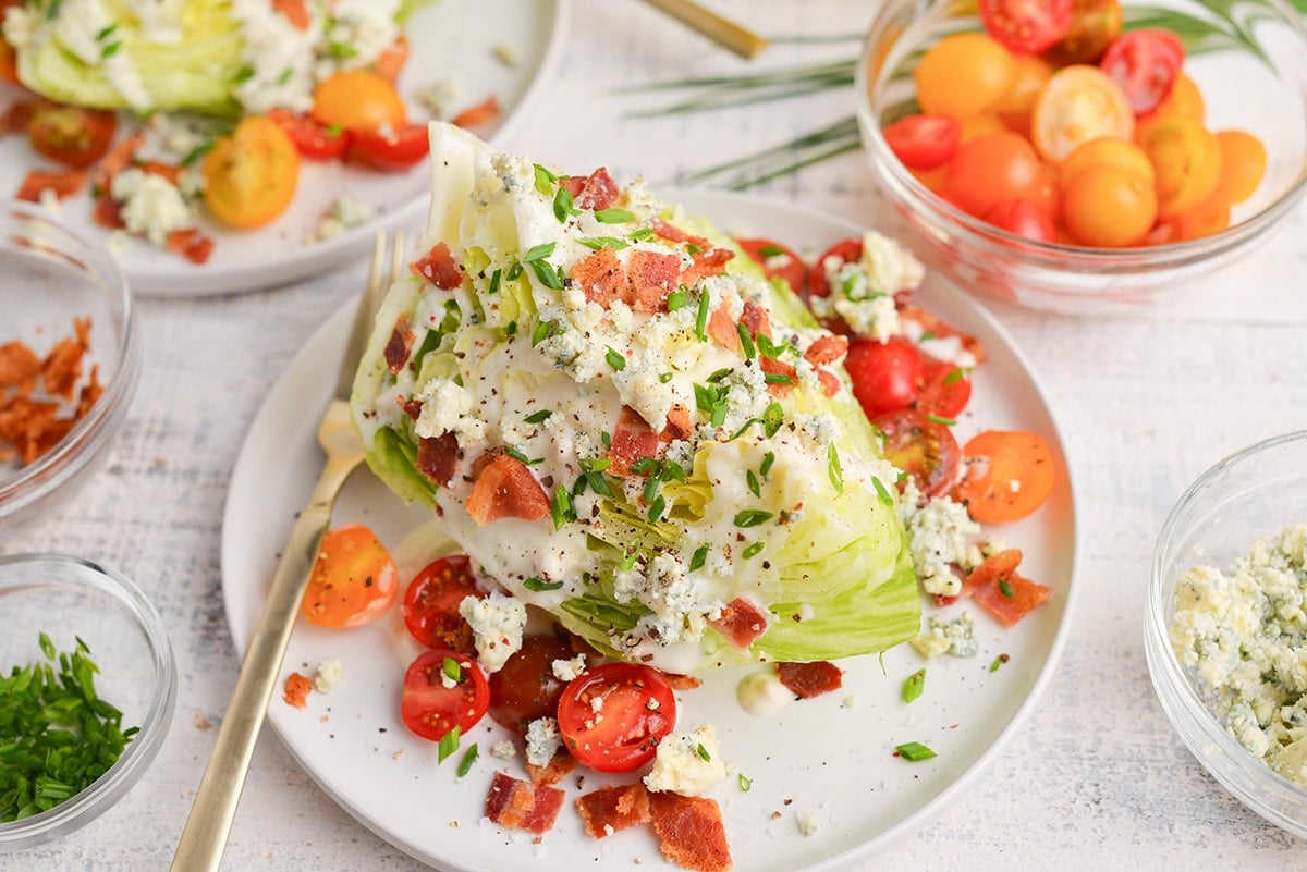 shot of toppings on wedge salad