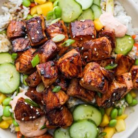 overhead shot of soy ginger salmon rice bowl
