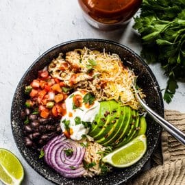 overhead shot of healthy burrito bowl recipe