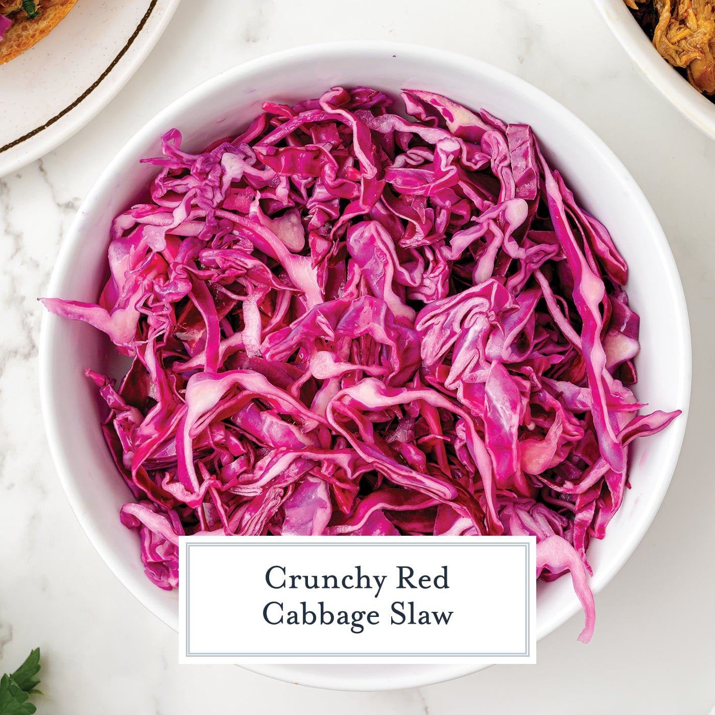 overhead shot of bowl of red cabbage slaw with text overlay for facebook