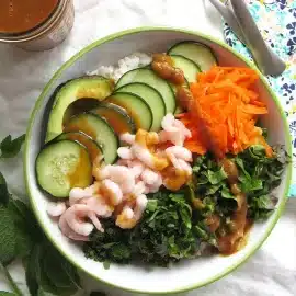 overhead shot of salad roll shrimp bowl