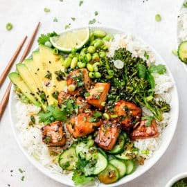 overhead shot of salmon rice bowl