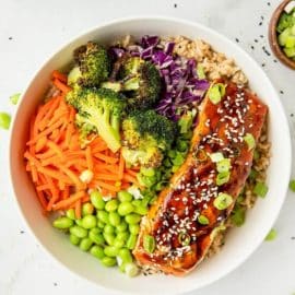 overhead shot of teriyaki salmon rice bowls