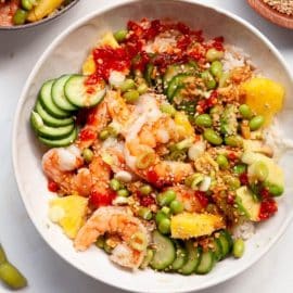 overhead shot of shrimp poke bowl