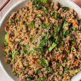 close up overhead shot of teriyaki turkey rice bowl