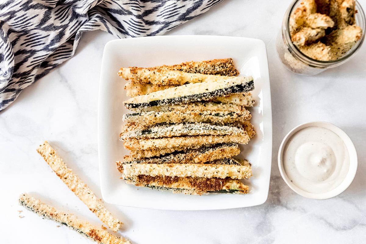 overhead shot of plate of zucchini fries