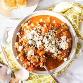 overhead shot of bowl of buffalo chicken chili