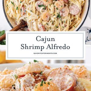collage of cajun shrimp alfredo with text overlay for pinterest