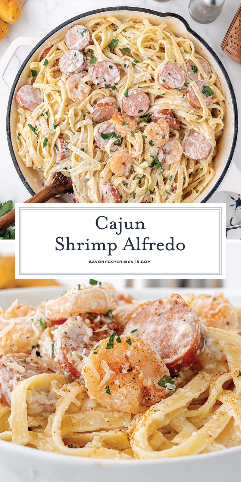 collage of cajun shrimp alfredo with text overlay for pinterest