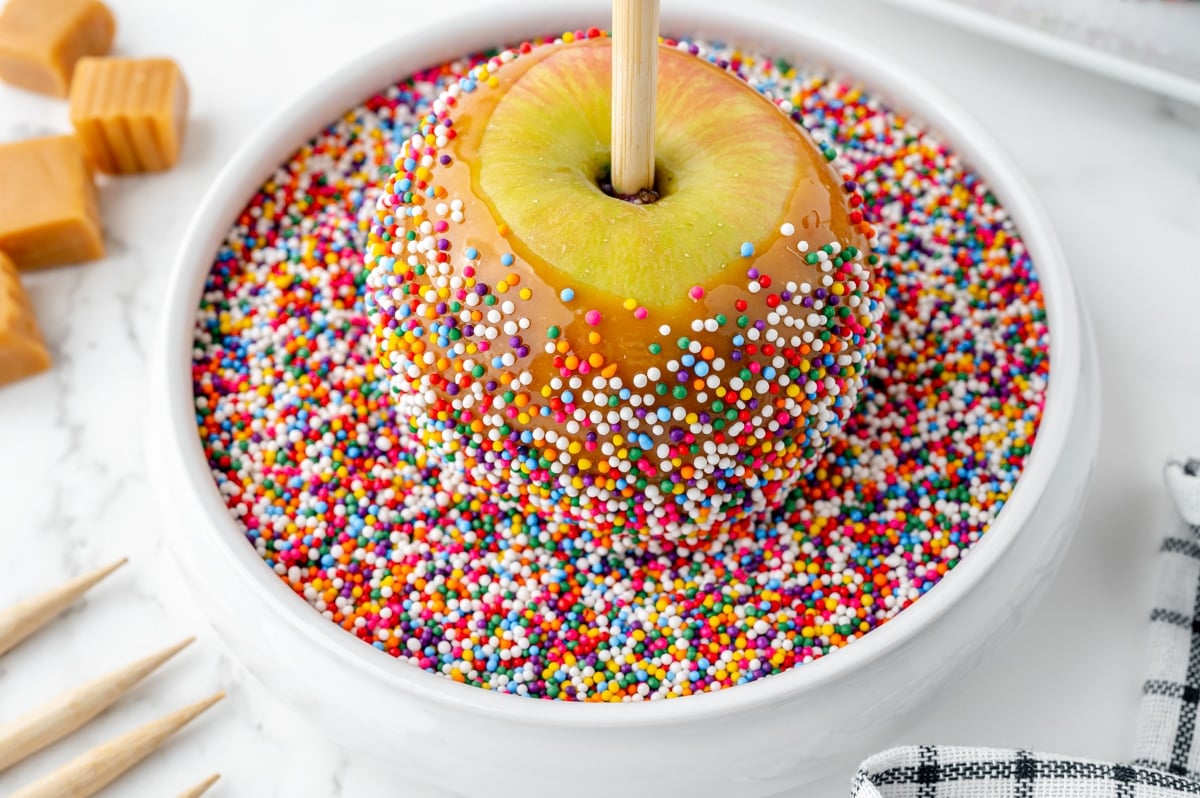 close up overhead shot of apple in bowl of sprinkles