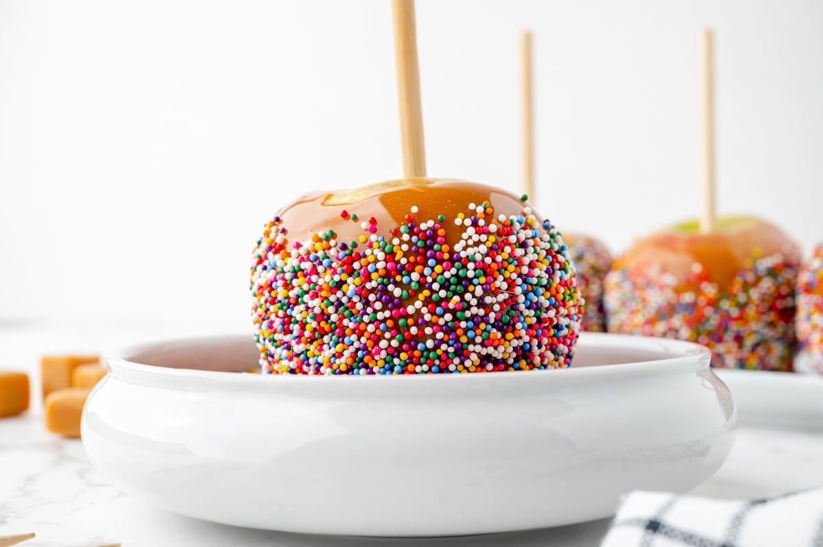 straight on shot of apple in bowl of sprinkles