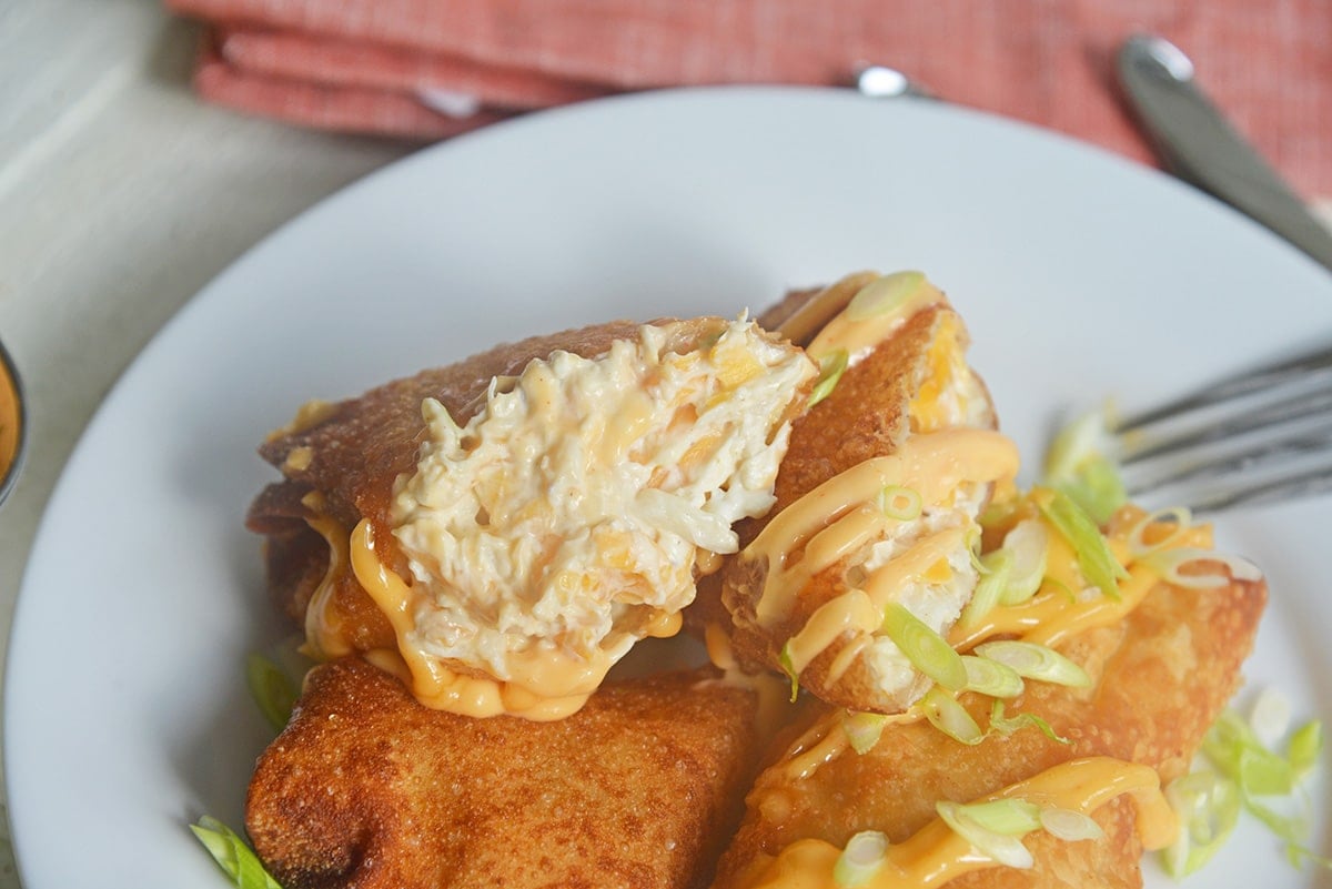 close up of crab cake egg roll cut in half