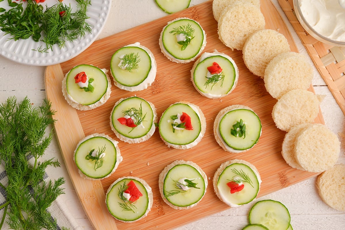 overhead shot of cucumber sandwiches