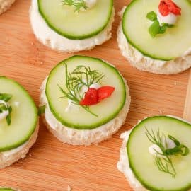 close up angled shot of cucumber canapes