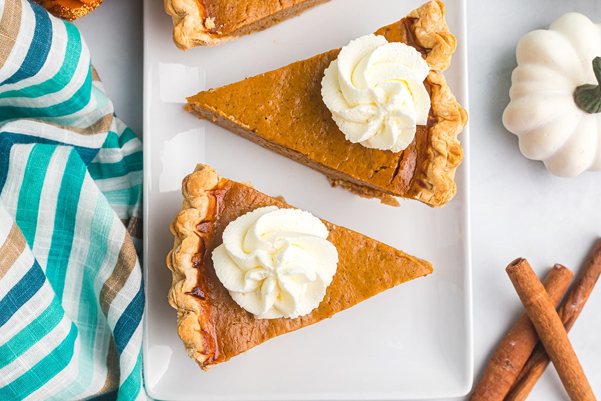 overhead shot of two slices of easy pumpkin pie on plate