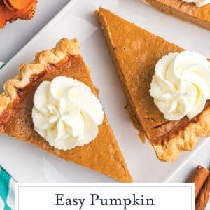 overhead shot of slices of easy pumpkin pie on plate with text overlay for pinterest