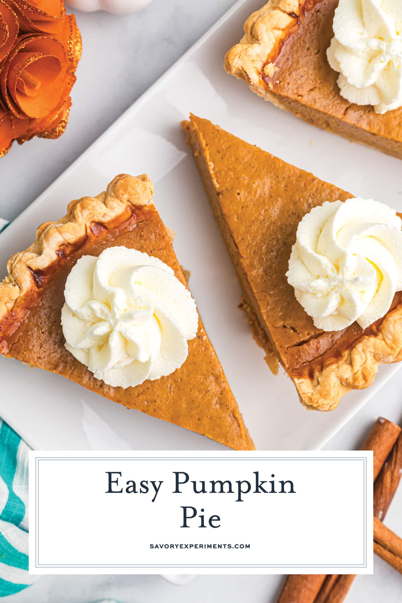 overhead shot of slices of easy pumpkin pie on plate with text overlay for pinterest
