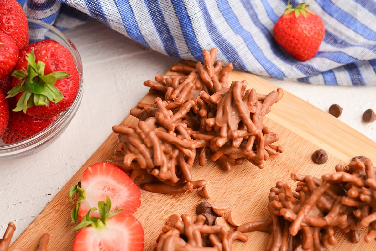 angled shot of haystack cookies on cutting board