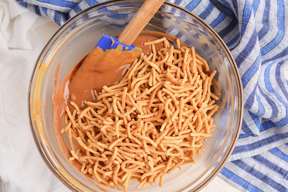 chow mein noodles in melted butterscotch