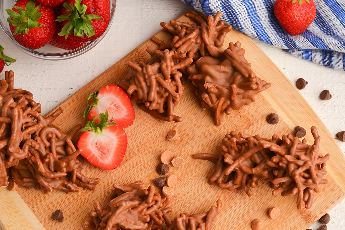 overhead shot of no bake cookies on cutting board