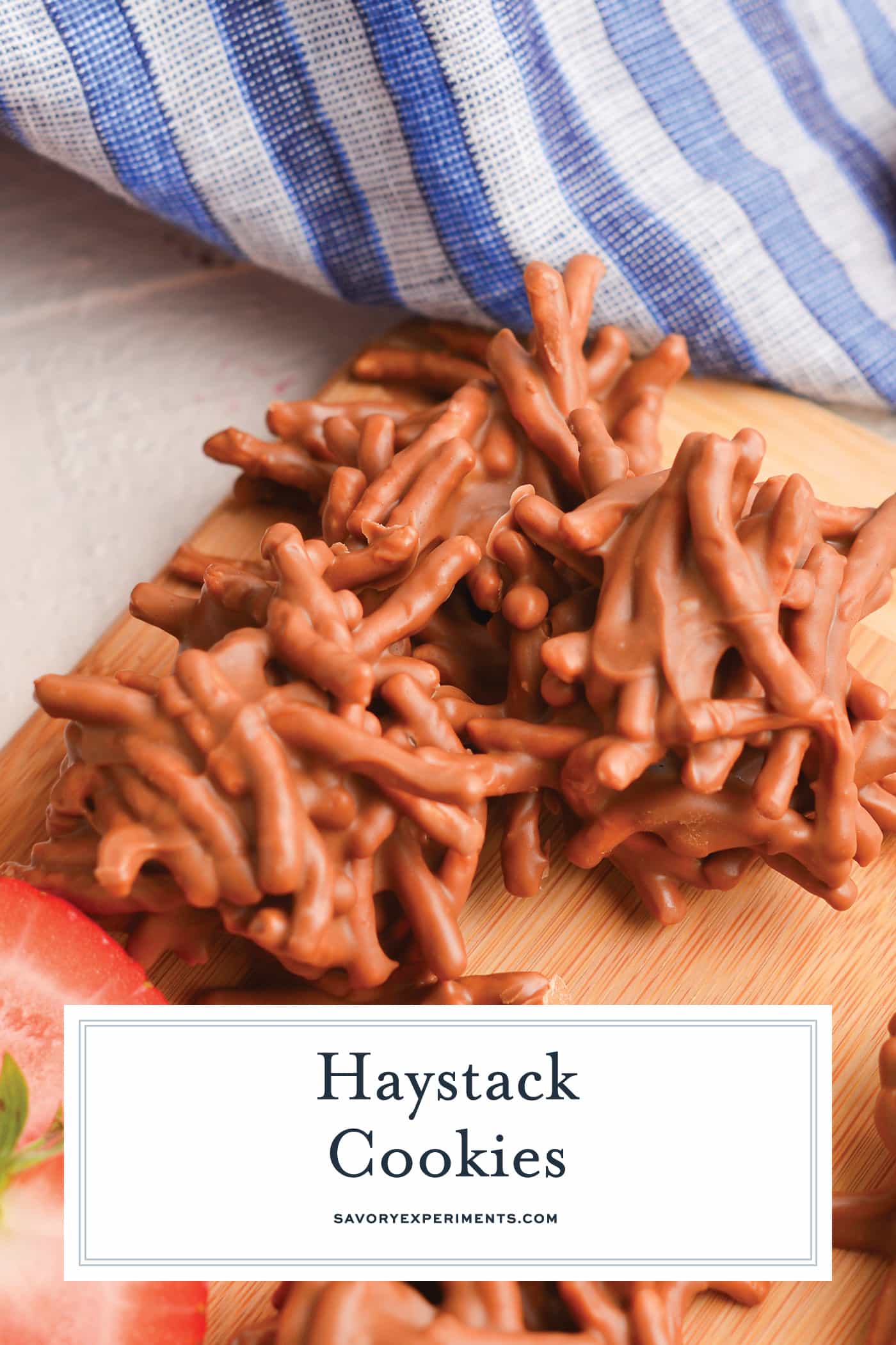 angled shot of haystack cookies with text overlay for pinterest