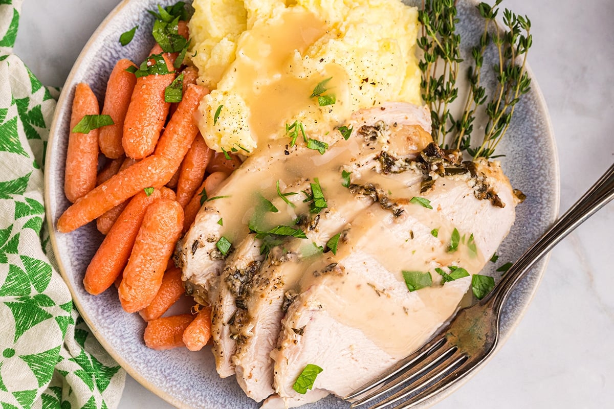 overhead shot of turkey, carrots and mashed potatoes on a plate