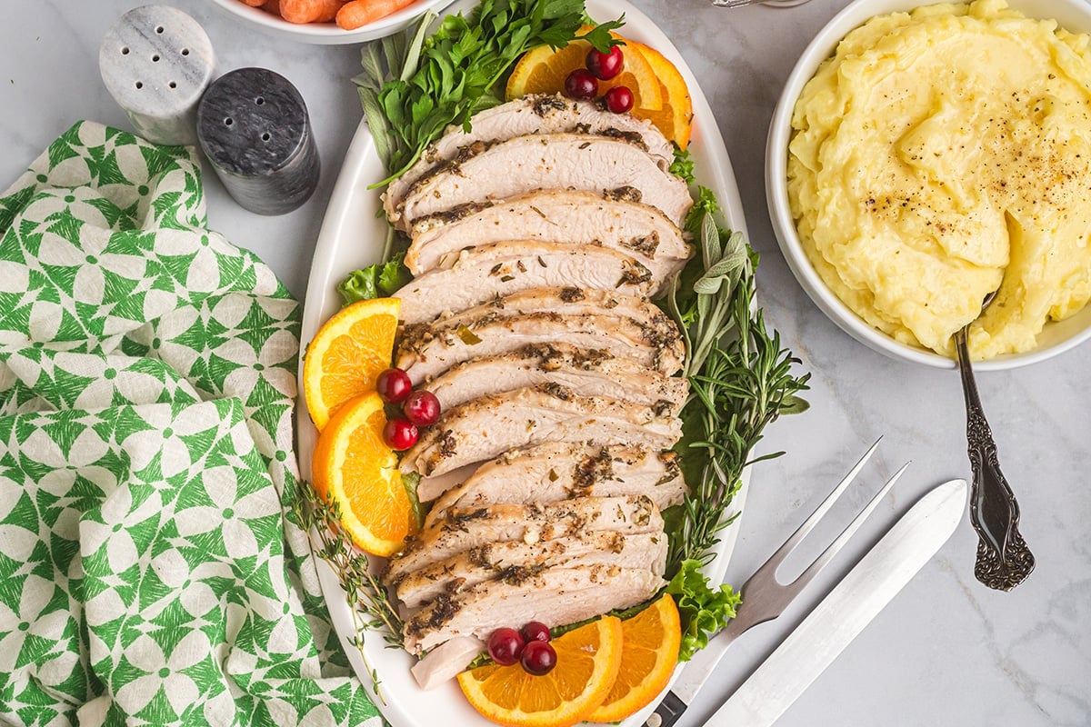 overhead shot of platter of sliced turkey