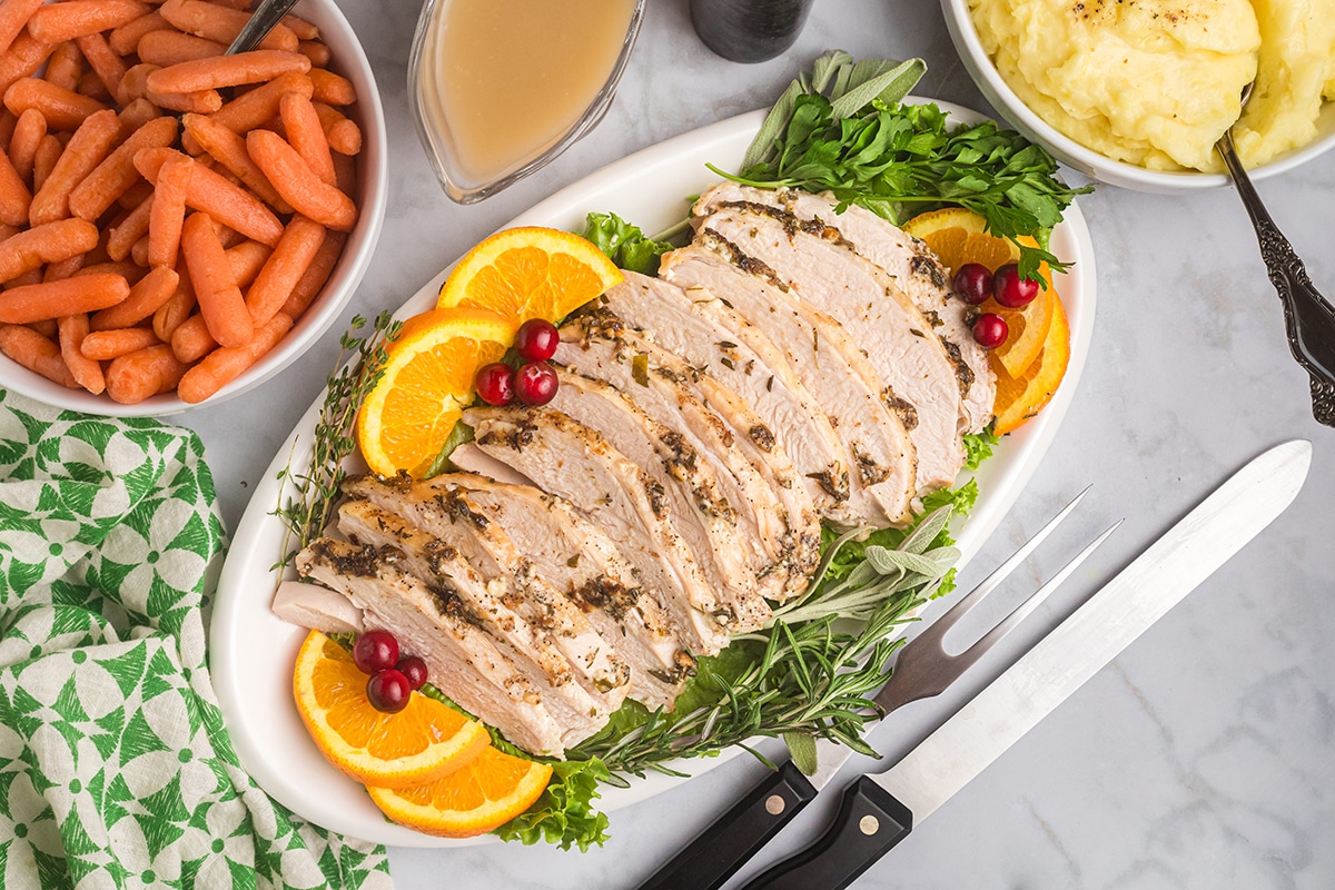 overhead shot of platter of roast turkey breast