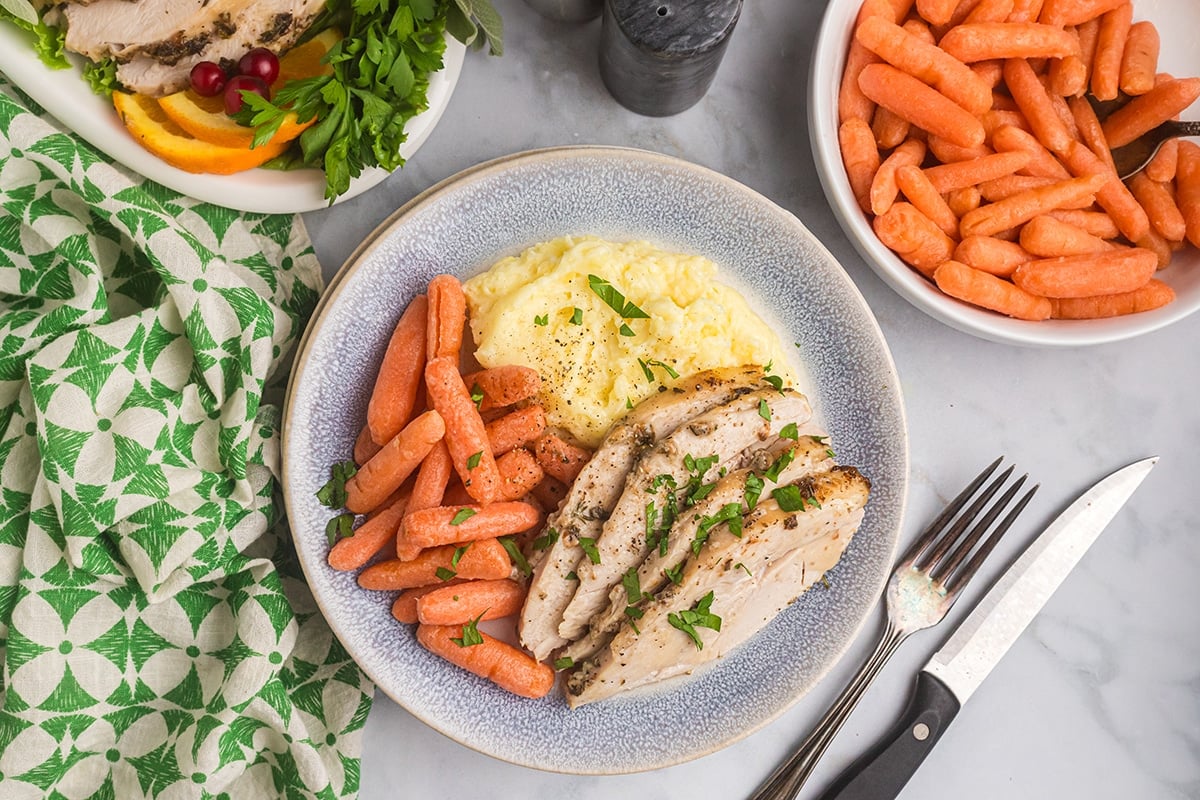 overhead shot of plate of turkey, carrots and mashed potatoes