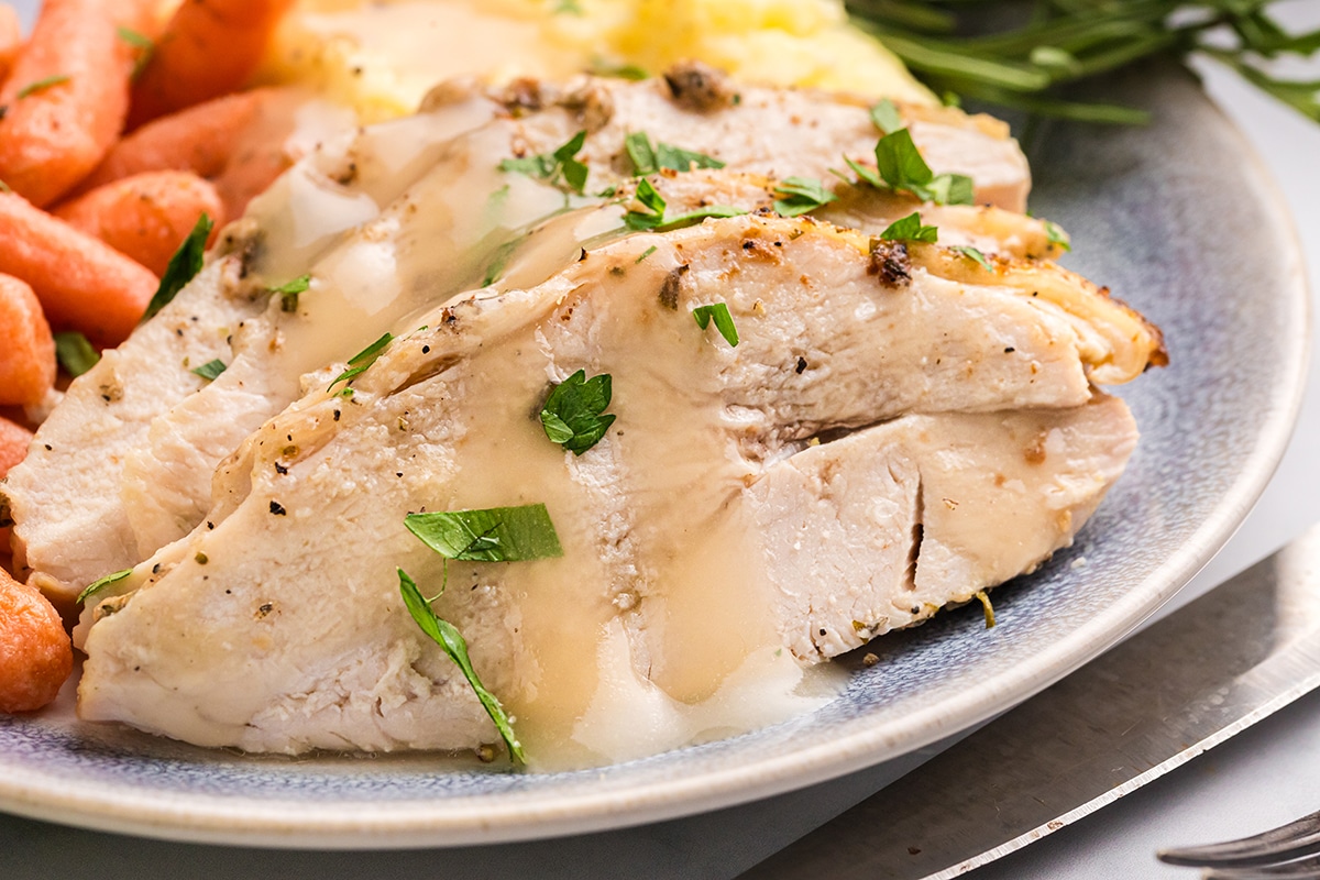 angled close up shot of sliced turkey on a plate with gravy