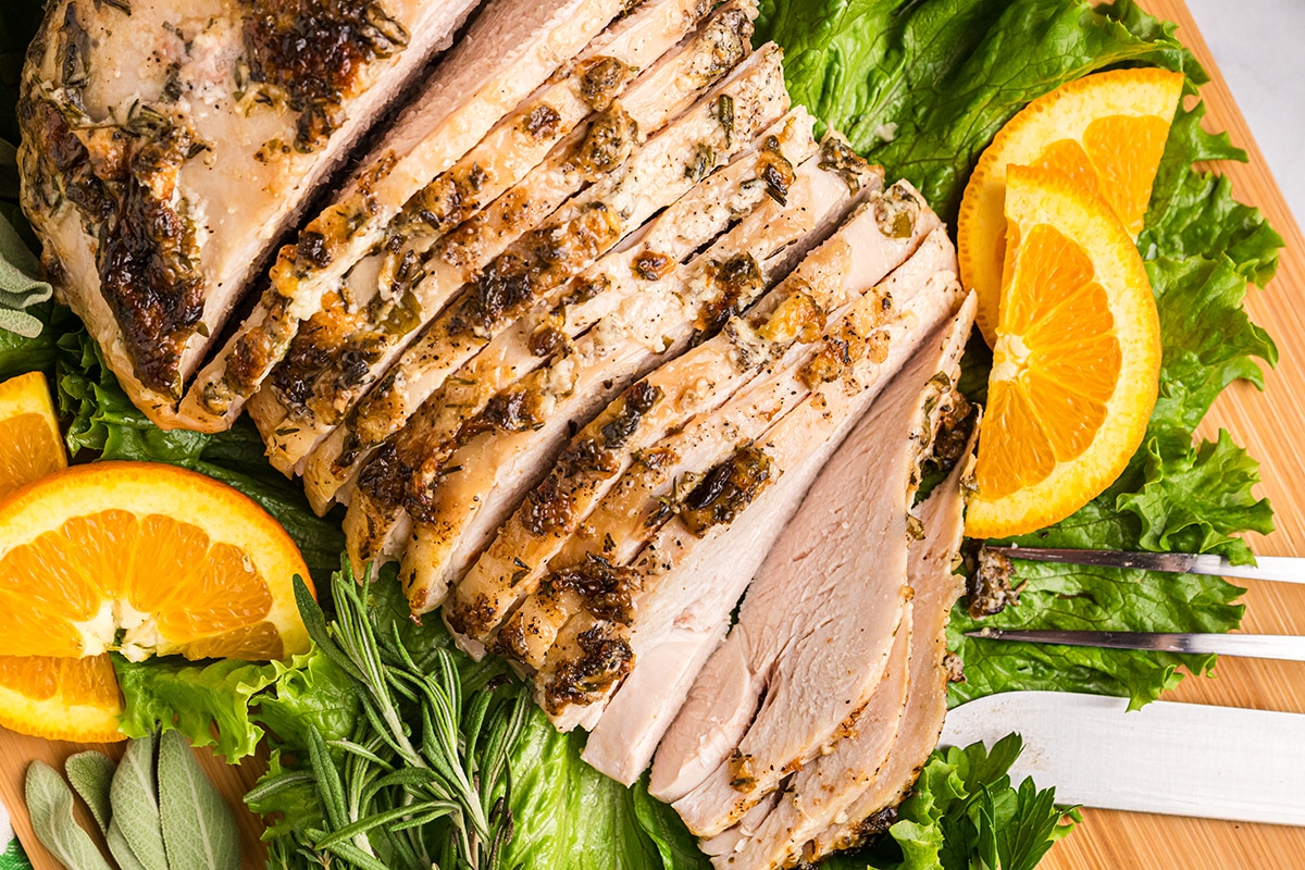 overhead shot of sliced roast turkey breast