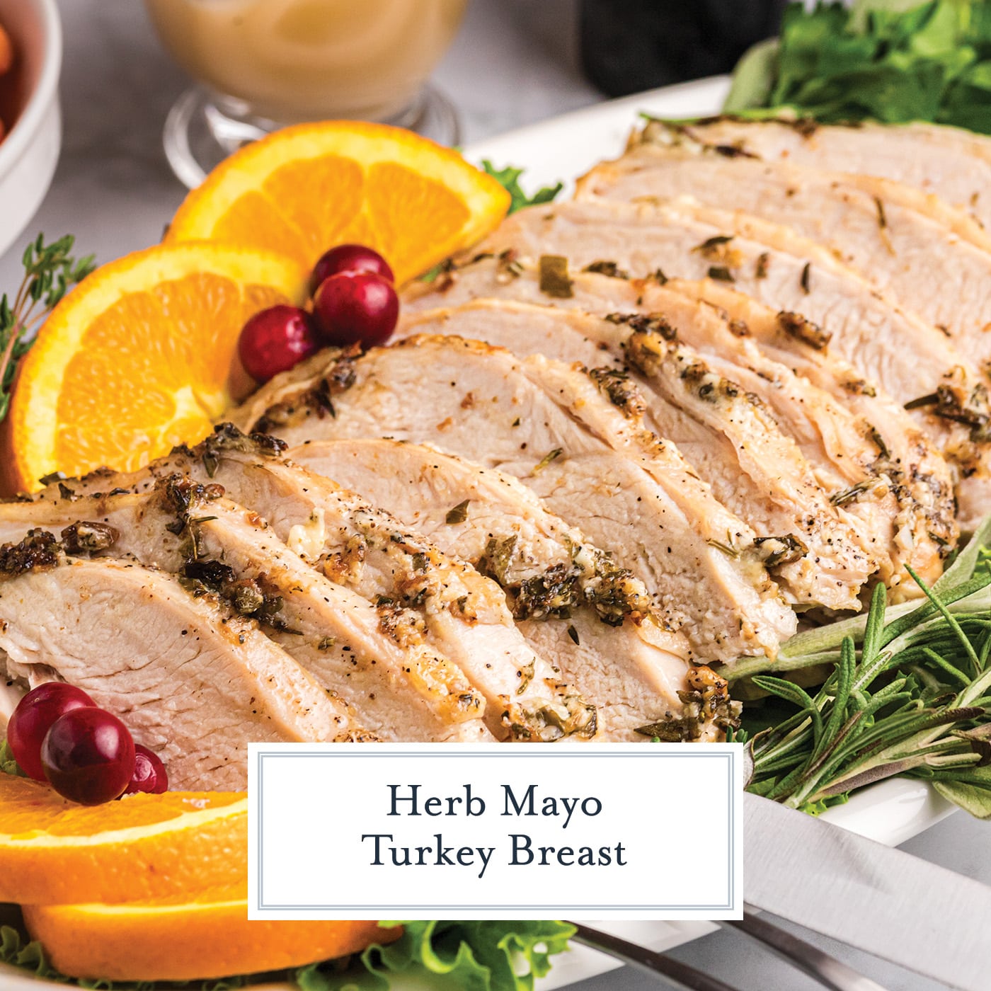 angled shot of sliced roast turkey breast with text overlay for facebook