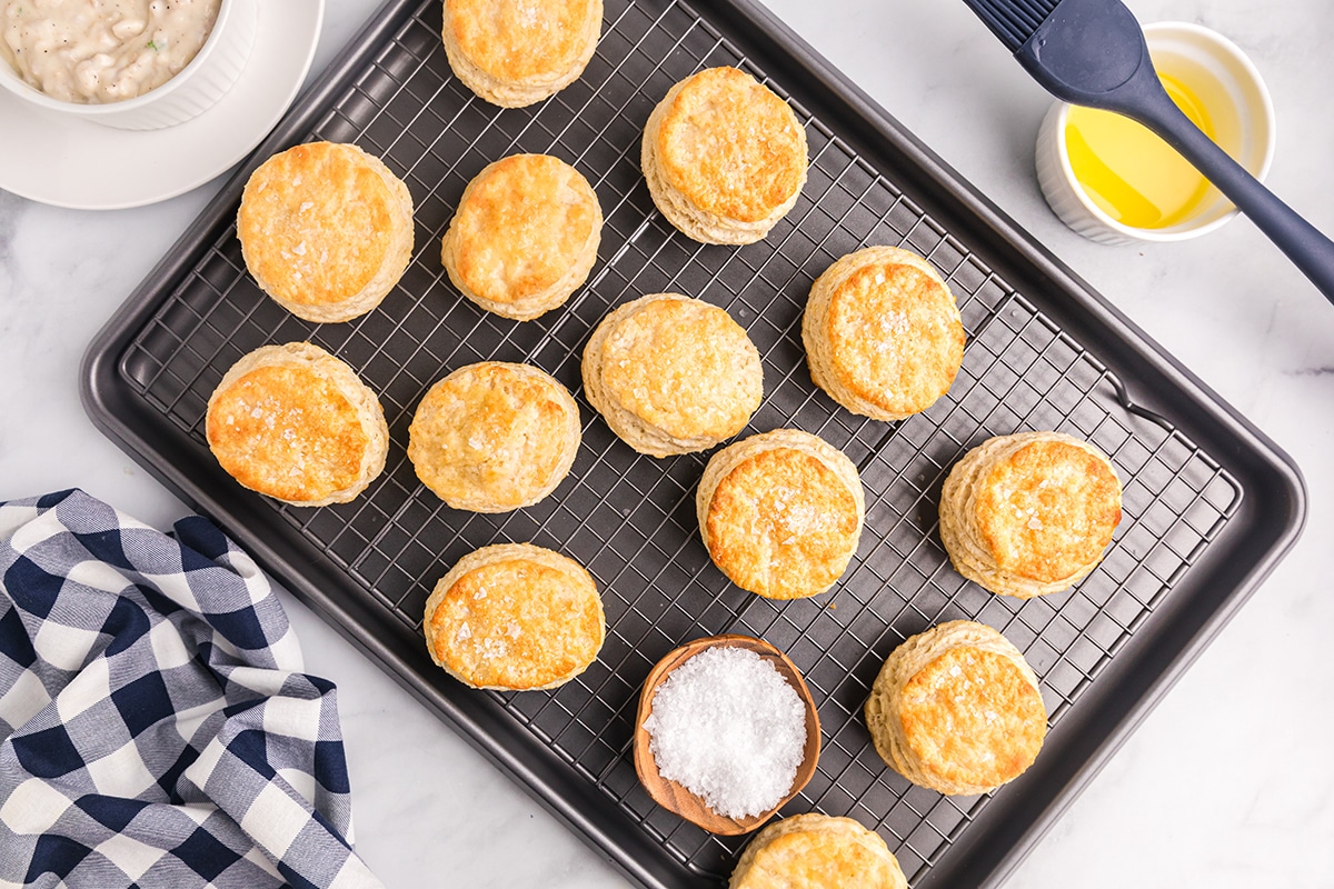 golden brown biscuits on a wire cooling rack