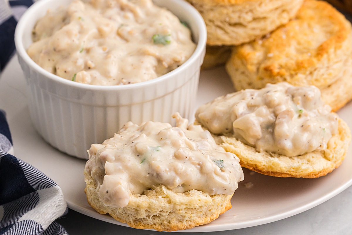 creamy sausage gravy on biscuits
