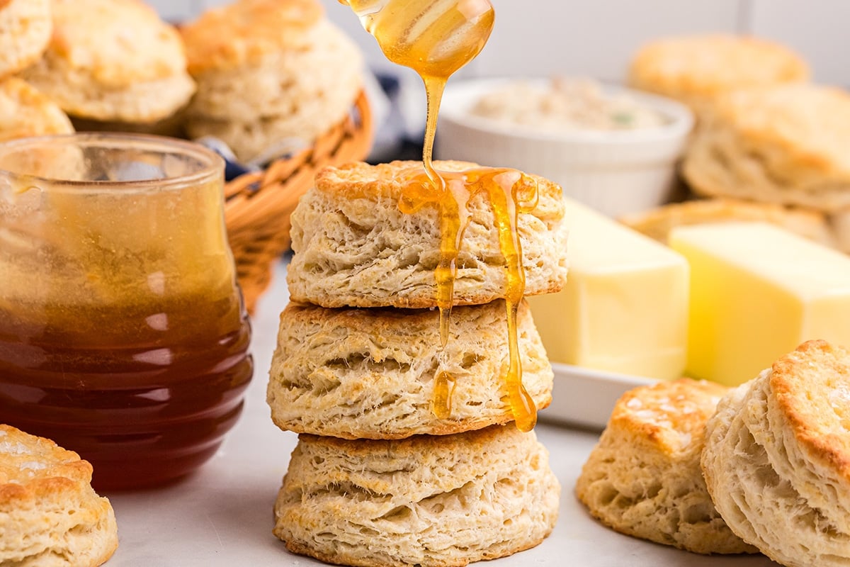 honey drizzled over biscuits