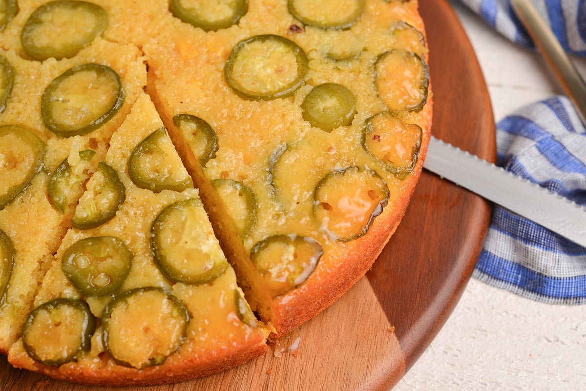 close up of slice of honey jalapeno cornbread