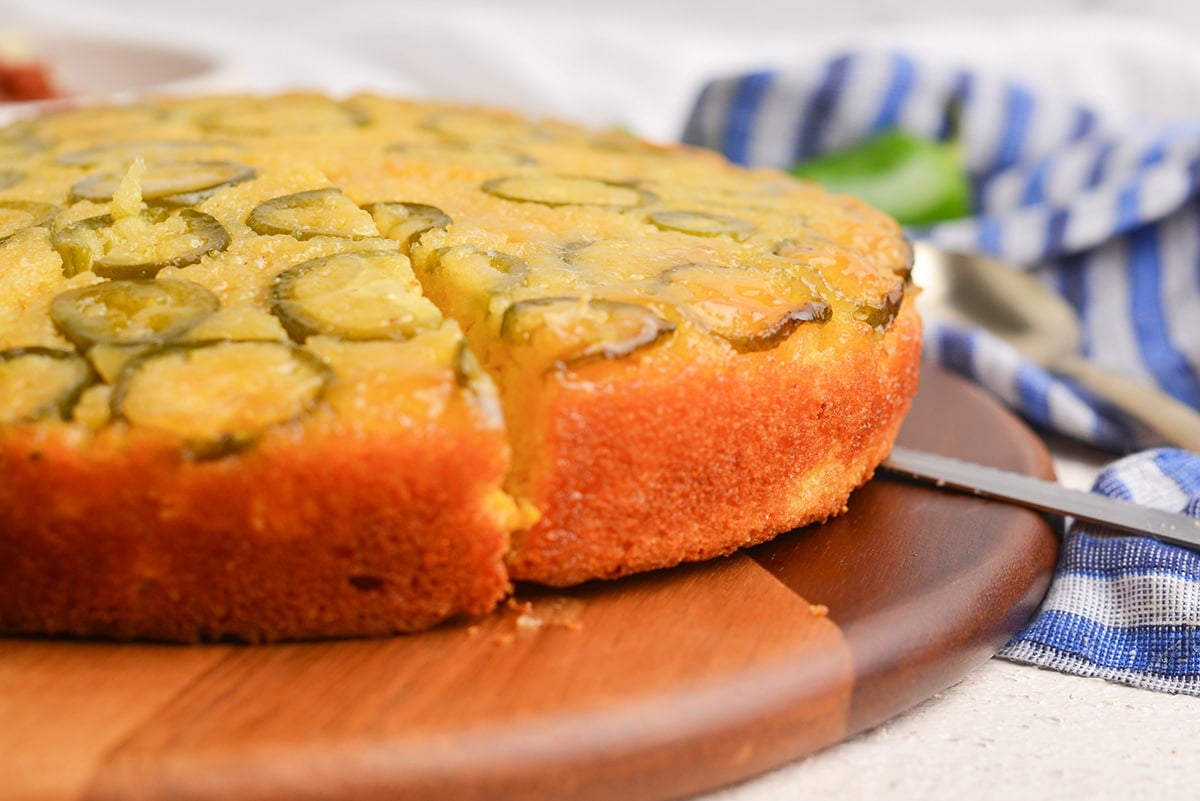 straight on shot of sliced jalapeno cornbread