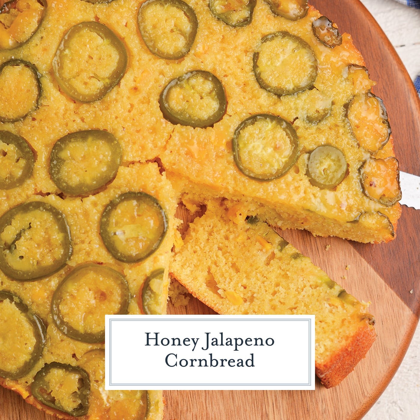 slice taken out of honey jalapeno cornbread with text overlay for facebook