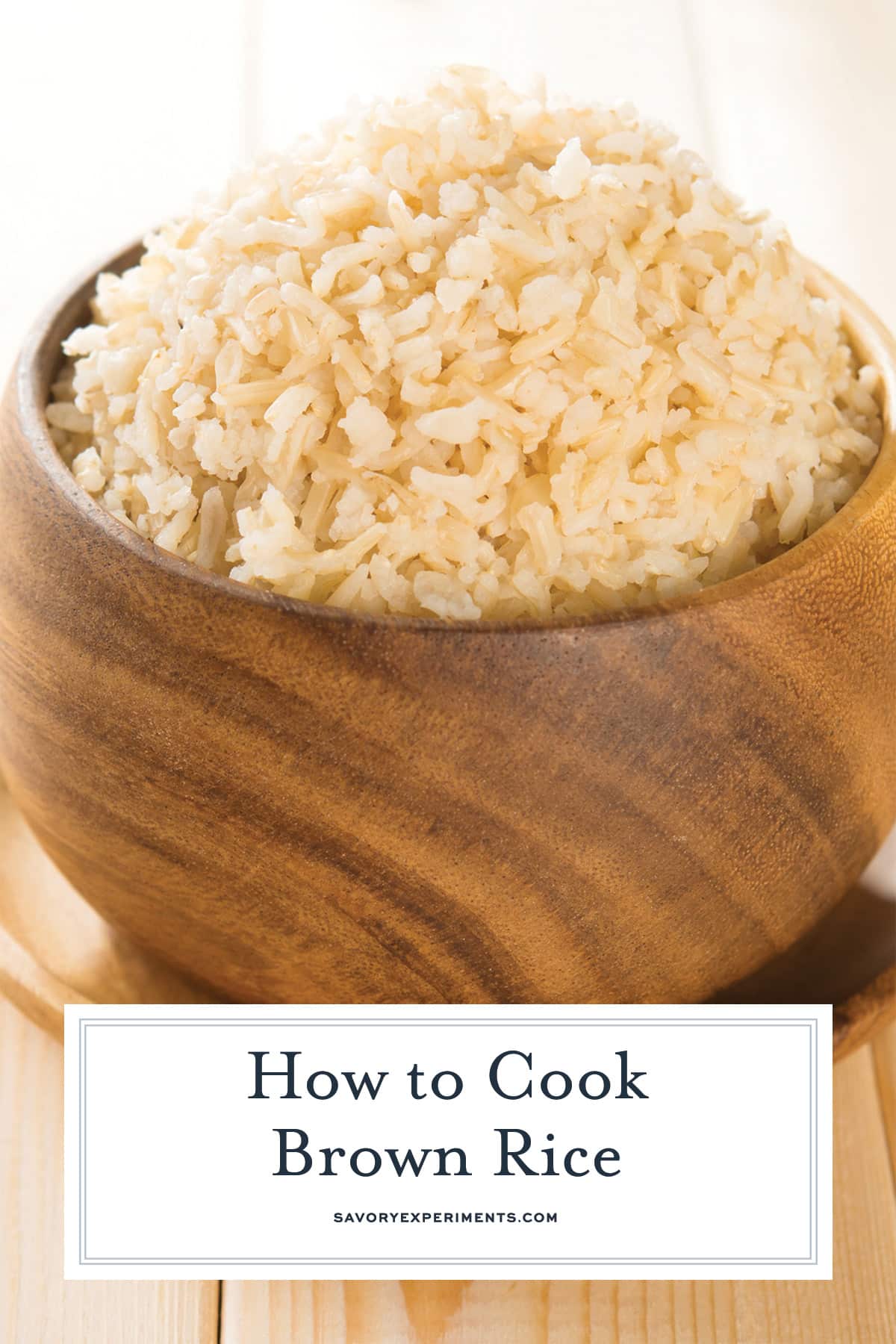 bowl of cooked brown rice with text overlay