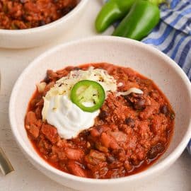 angled shot of bowl of instant pot chili