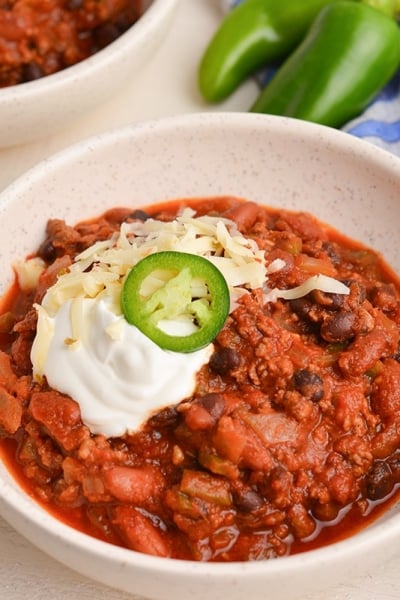 angled shot of bowl of instant pot chili